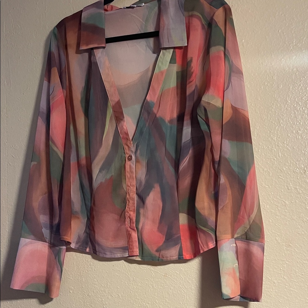 Fashion Nova Sheer Watercolor Button-Down Blouse in Pink, Green & Mauve